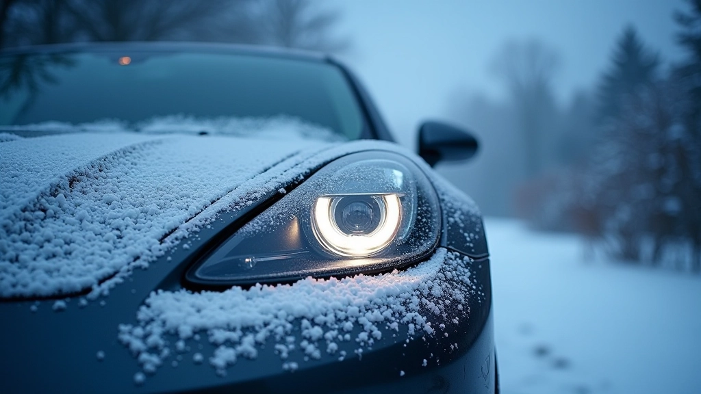 Car headlight in winter conditions with salt spray visible on lens surface, showing potential damage from winter road salt