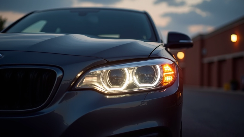 Restored car headlights shining brightly at dusk, demonstrating the clear result of proper maintenance and care