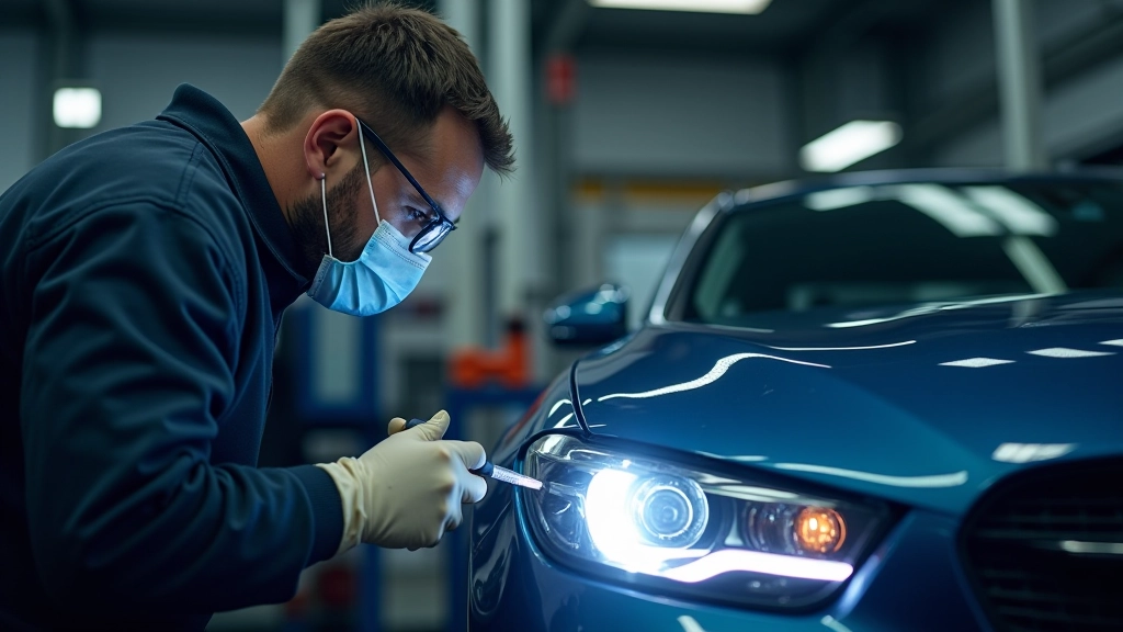 Skilled technician performing precision headlight restoration work