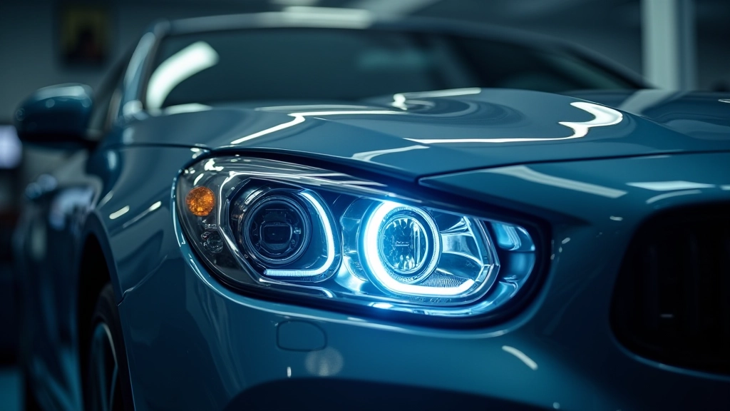 Professional headlight restoration service showing polishing equipment and restored lens