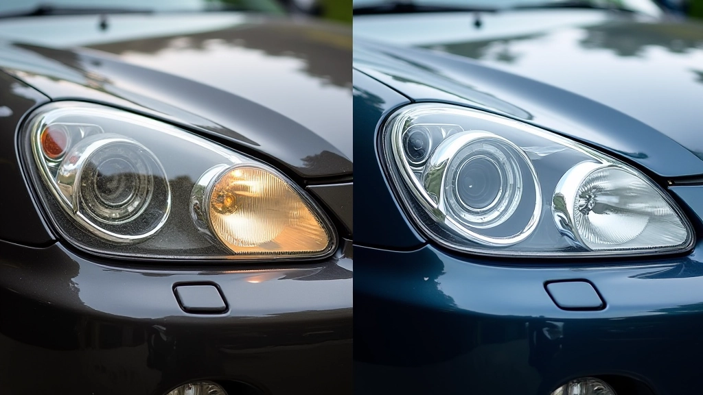 Side-by-side comparison showing cloudy headlight versus restored clear headlight lens