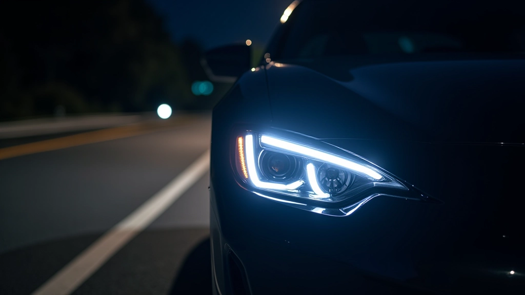 Vehicle with bright, clear headlights illuminating a night road, showing the practical benefit of proper headlight restoration