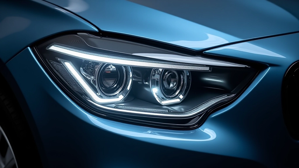 Cross-section view of a car headlight assembly showing the polycarbonate lens material, protective coatings, and internal reflector components