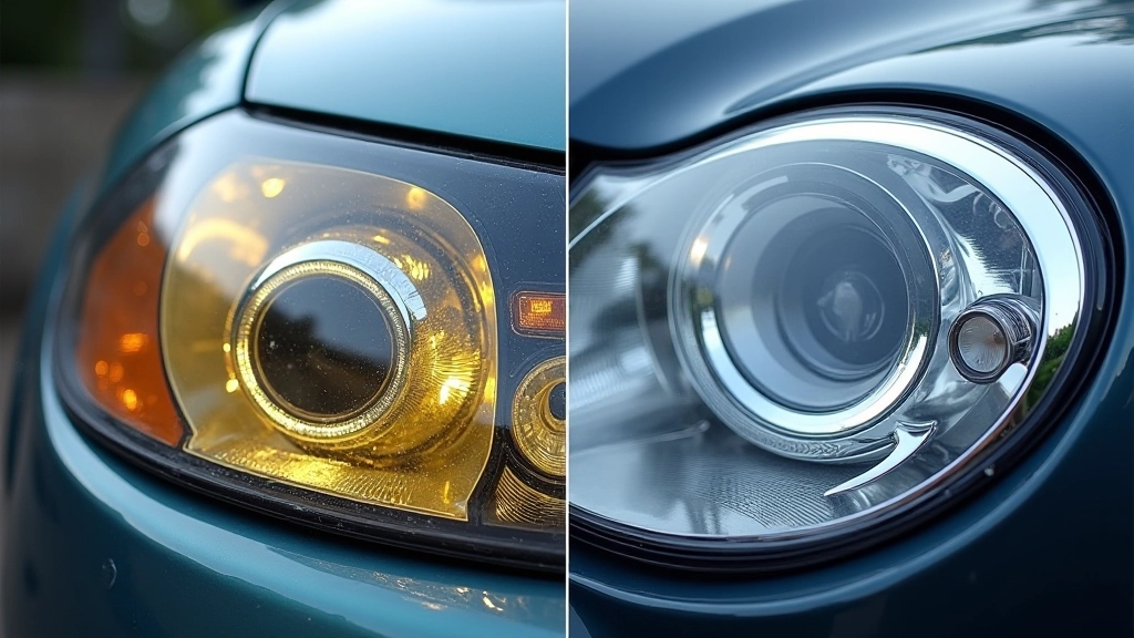 Before and after comparison of a restored headlight showing clear versus cloudy lens