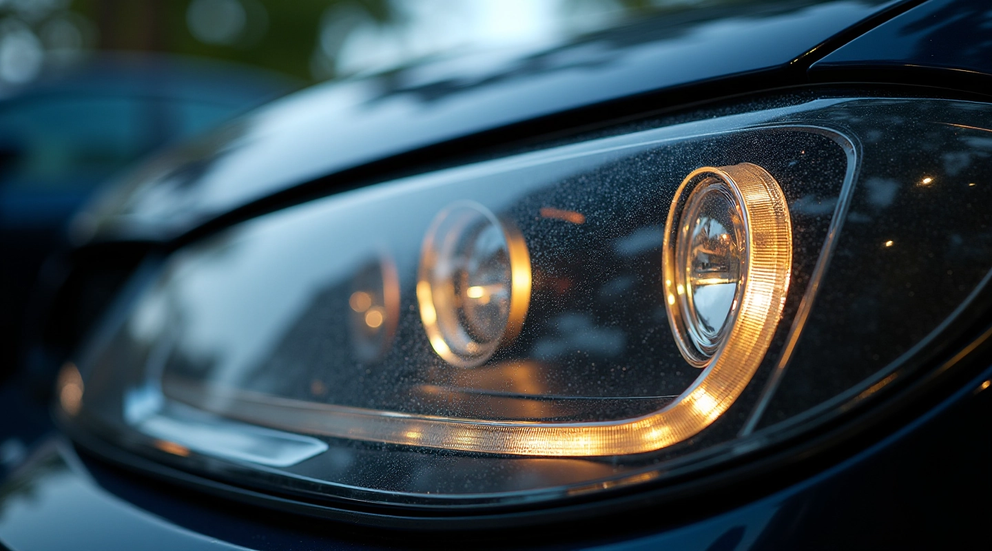Close-up of a car headlight lens showing yellowing and oxidation on the surface