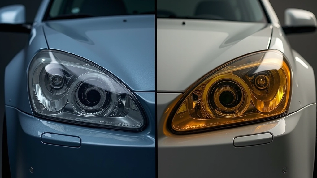 Side-by-side comparison of a clear transparent headlight lens next to a heavily clouded and yellowed lens showing the difference in light transmission