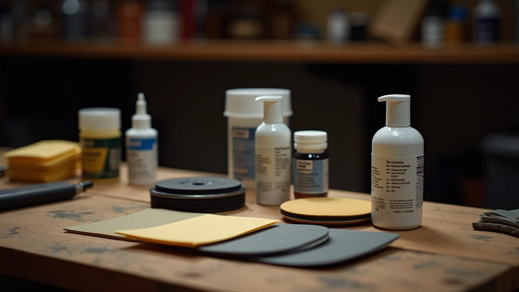 DIY headlight restoration kit with sandpaper, buffing pads, and polish bottles arranged on a wooden workbench