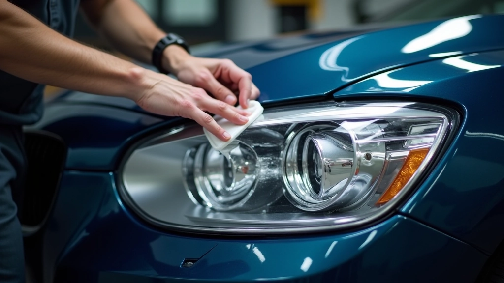 Close-up of UV sealant being applied to protect a newly polished headlight