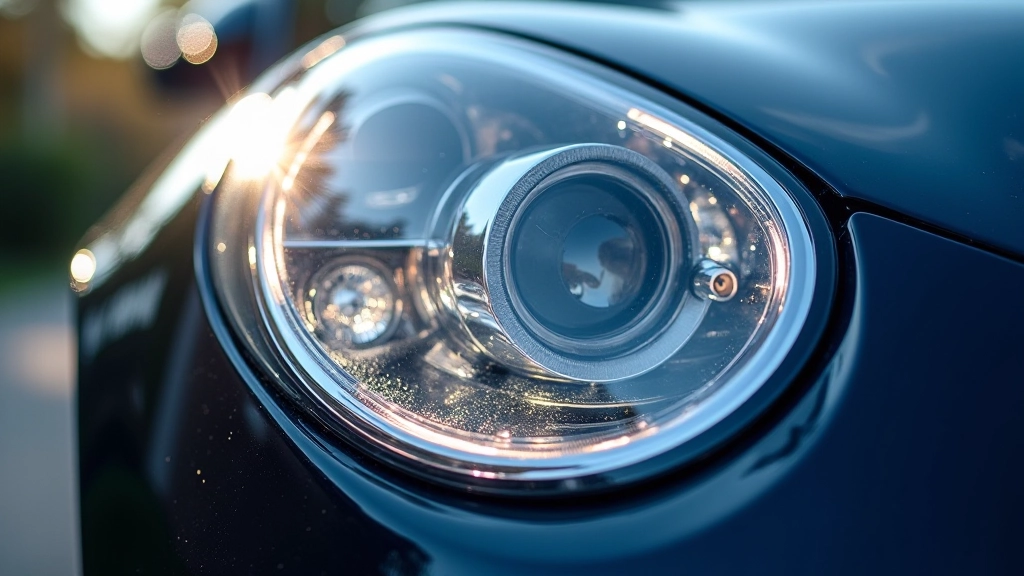 Close-up of UV sealant coating on a clear headlight lens showing the protective transparent layer