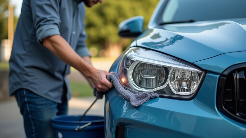 Person gently cleaning a car headlight with soft microfiber cloth and soapy water under natural light