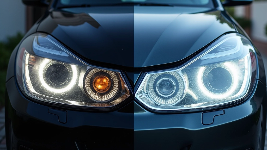 Split-screen comparison showing a cloudy headlight lens on one side and a clear restored lens on the other