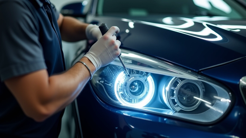 A technician applying UV sealant protective coating to a polished headlight lens with precision equipment
