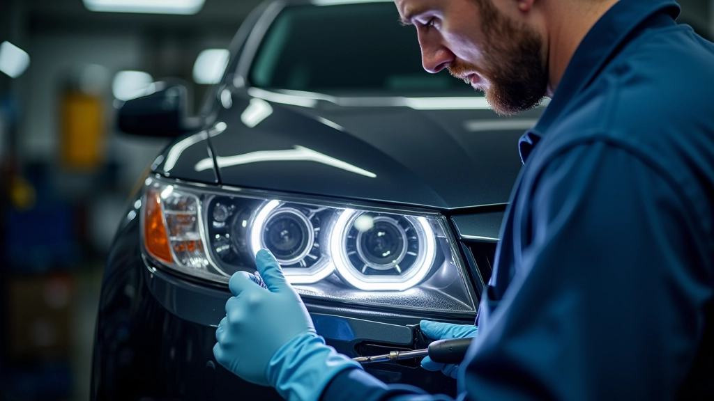 Technician inspecting headlight lens clarity with specialized equipment under controlled lighting
