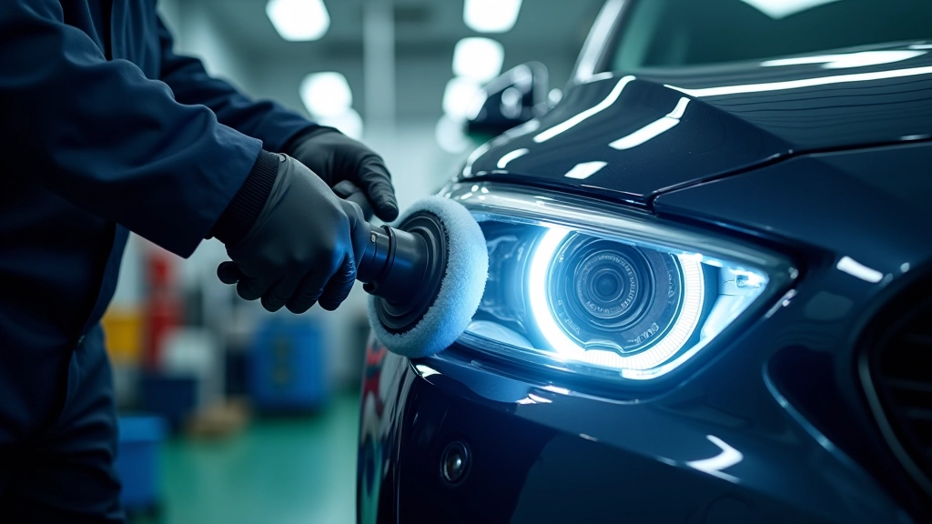 Professional technician using a rotary polisher on a vehicle headlight in a well-lit restoration workshop
