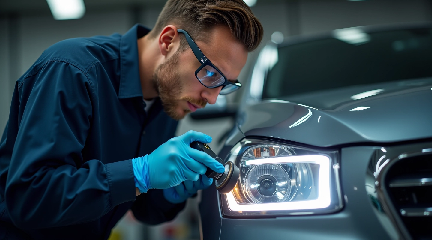 Professional headlight restoration technician polishing a cloudy car headlight lens
